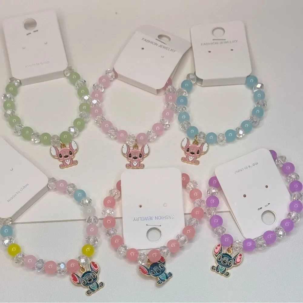 Colorful Kids Beaded Stretch Bracelet Purple beads green charm
